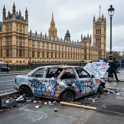 a photo of the house of commons, vandalised with graffiti, run down