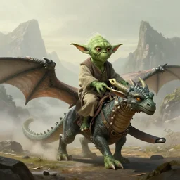 Yoda rides the dragon across the deserted, foggy mountain range, very detailed concept art, matte painting, digital art, concept art, realistic beautiful, trending on Artstation, Greg Rutkowski,