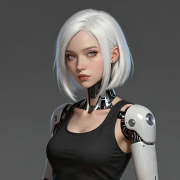 portrait of a female cyborg by greg rutkowski, she is about 3 0 years old, white bob hair, she is wearing a black tank top, highly detailed portrait, digital painting, artstation, concept art, smooth, sharp foccus ilustration, artstation hq
