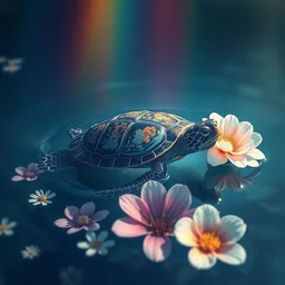 turtle in the water, rainbow, aesthetic, nature, flower, trending artstation, bloom, landscape, flowers, 5 0 mm, hq, stunning,