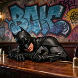 batman sleeping in a bar, grafitti art