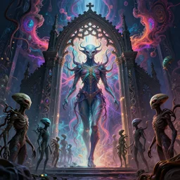[ palate ] [ electric energy ] [ dark and vibrant colors ] alien soul spirits congregating in front of an intricate giant gothic gateway, deity spirit at the gate, vibrant neon nebulous clouds, paisley pattern synapse clouds, symmetrical details, hyper realistic illustration, radiant light rays, photorealistic illustration, intricate and fine details, volumetric lighting, artstation