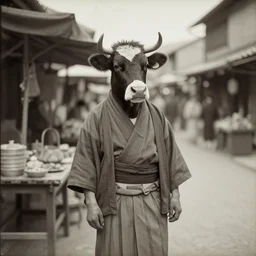 1 8 th century japanese street market in kyoto 1 9 0 0 s early photography portrait anthro anthropomorphic cow head animal person fursona wearing clothes street trader