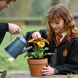 harry potter in a flower pot while hermione is watering it