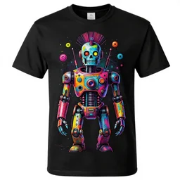 black tshirt with a hyperdetailed portrait of a trippy diesel punk robot, 8 k, symetrical, flourescent colors, halluzinogenic, multicolored,