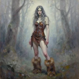highly detailed expressionist oil painting savage woman, clothed in brown leather, fur boots, long hair, unwordly, beautiful, ghostly forest, by sam spratt, top lighting, realistic shaded, pastel shades