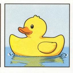 scanned image of newspaper cartoon strip, in colour, half tone, yellow rubber duck quacks, mcbess