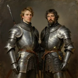 Troy and Abed as medieval knights, masterpiece painting by Edmund Leighton
