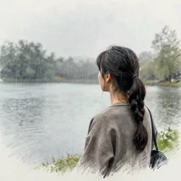 a sketch drawing, she looks at the lake, it's raining, realistic, trending on artstation
