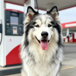 a giant, long - haired dog which has raised ears, white - black fur, and a tongue sticking out of it, smiling next to a gas station