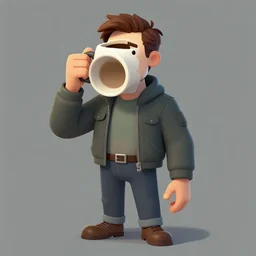 character concept art of a man with a coffee mug as a head