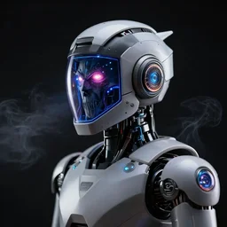 photo of robot with necromancer inside, leds visor helmet, profile pose, bust shot, high detail, studio, black background, smoke, sharp, cyberpunk, 8 5 mm sigma art lens