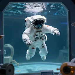 an astronaut swimming inside an aquarium.