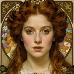 realistic detailed face portrait of beautiful young Queen Elizabeth Tudor in the style of Alphonse Mucha by Alphonse Mucha, Ayami Kojima, Yoshitaka Amano, Charlie Bowater, Greg Hildebrandt, Jean Delville, Adam Hughes, Karol Bak, and Mark Brooks, Art Nouveau, Gothic Revival, Pre-Raphaelite, exquisite fine details, deep rich moody colors