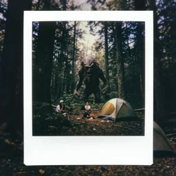 terrifying creature, polaroid photos, tra camera photo, strange creatures hiding in the woods, people in a tent afraid, no sun, no dof