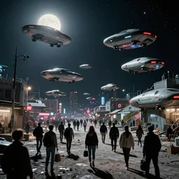 people are going back from work in a Russian cyberpunk slum city called Neo Norilsk on the Moon, at night, lots of hovercraft above them, diverse, lively, black sky full of stars, blinding sun, sci-fi, lots of flying cars, levitation, cyberpunk outfits, photorealistic, grainy, 35mm, intricate, very very beautiful, elegant, smooth, cinematic, Unreal Engine 5, by Beeple, trending on Artstation HD