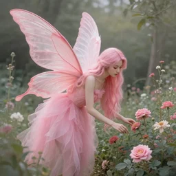 a beautiful pink fairy with large wings and long flowing hair exploring her flower garden, style of tom bagshaw, extremely detailed, muted colors