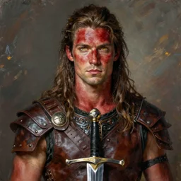thomas serpentwind, solo male weary soldier, young adult, very long brown hair, golden eyes, ruddy rugged red skin, muscular!, leather armor, shortsword, clear symmetrical eyes, a male dnd fighter's portrait, clear eyed, realistic, by brian patterson and rhads!!!, palette knife background