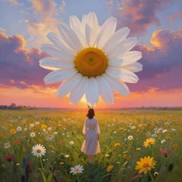 giant daisy flower face, full body girl standing in a flower field, surreal photography, sunrise, dramatic light, impressionist painting, colorful clouds, digital painting, artstation, simon stalenhag