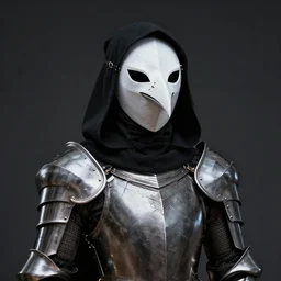 female plague doctor donning a black hood, steel knightly armor and a white armored pointy crow mask, trending on artstation