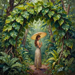 leaf arch in cloud forest, woman with parasol, intricate oil painting by greg rutkowski, trending on artstation