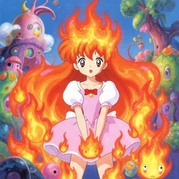 vintage 90\'s anime mixed with pastel impasto highly rhythmic expressionistic wild symmetrical  cutest FLAME PRINCESS adorable portrait pleasing palette trending on artstation funhouse surreal unpredictable wild unexplainable fantasy land you could not have dreamed of in the gritty posterized grainy analog style of studio Ghibli and 1960s americana Comics, HQ 8k scan