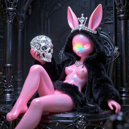 photo of baroque and bladerunner delicate neon ruby sculpture of seductive ceramic albino king adrien sahores bunny pink iridescent humanoid deity wearing black fluffy hoody holding diamond skull in a black metallic dungeon, reclining, glowing rainbow face, crown of white diamonds, cinematic lighting, photorealistic, octane render 8 k depth of field 3 d