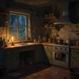 weird perspective epic illustration of a kitchen dim lit by 1 candle in a scenic environment by anton fadeev from lorax movie