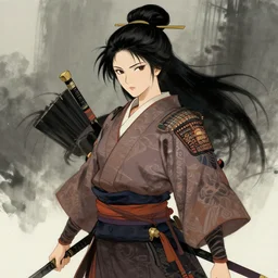 beatiful female samurai in the style of Raymond Swanland
