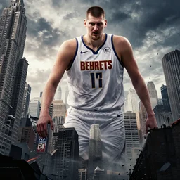 giant nikola jokic monster towering over new york city, terrorizing buildings