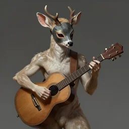 a digital painting of a fawn wearing a mask playing a guitar, young handsome pale roma, grim dark satyr from gwent cards, a character portrait by senior character artist, polycount, vanitas, sketchfab, speedpainting, zbrush