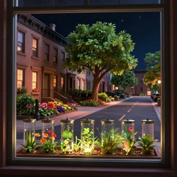 brownstone's residential landscape, like the background of pixar animation, a two - lane road, flowers in a flower bed, a big tree by the side of the road, and a warm and comfortable atmosphere, 4 k imax, lit from below, plant forest in glass tubes, underlight, moody iconic scene, a window frame into space 3 d animation background
