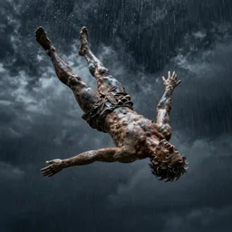 icarus falling from the sky, artstation, high detail, dramatic lighting, night, rain