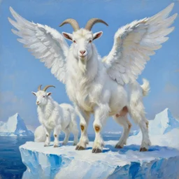 highly detailed painting of white giant chimera goat cats with large feathered wings on a blue and white iceberg by william turner, by greg rutkowski, by william constable, thick brush strokes and visible paint layers, 4 k resolution