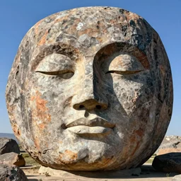 accurate by he jiaying, by peder balke. a land art of a large granite boulder carved to resemble a human face. the nose is slightly upturned, & the eyes & mouth are closed.