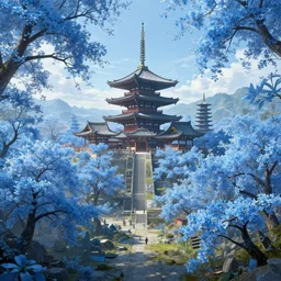 Futuristic Japanese landscape with lots of BLUE Sakura blossoms and a temple, center composition, cinematic, rendered by simon stålenhag, rendered by Beeple, Makoto Shinkai, syd meade, environment concept, digital art, starwars, unreal engine, 3 point perspective, WLOP, trending on artstation, low level, 4K UHD image, octane render,