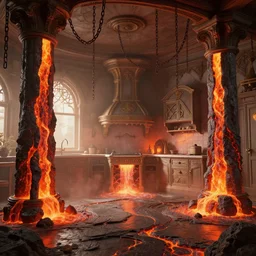 beautiful victorian kitchen with large pillars, lava streams, magma cascades, chains hanging from ceiling, light dust, by peter mohrbacher dan mumford craig mullins nekro, cgsociety, pixiv, volumetric light, 3 d render
