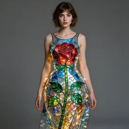 beautiful woman wearing a dress made from stained glass in the design of a rose. masterpiece by artgerm and greg rutkowski and ilya kuvshinov paul lerh