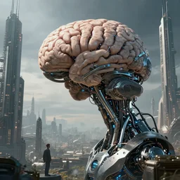 cult of technology, exterior, scifi, machines, artificial intelligence!!, ultra realistic, highly detailed, brain in a vat!!, futuristic landscape, citadel, industrial, city, atmosphere, highlighted, cinematic, art by jan urschel and neil blevins