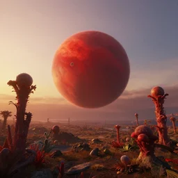 beautiful render of an alien world, unreal engine, first light, alien flora, red dwarf, serene sunset, proxima centauri a, soft light, by greg rutkowski, cgsociety