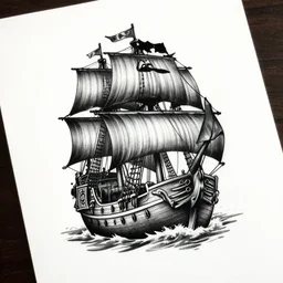 A tattoo design of a pirate ship, black and white, on white paper, highly detailed, realistic tattoo, trending on pinterest
