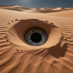 landscape photo of black hole in desert that looks like a pupil surrounded by sand that looks like macro detail of an iris