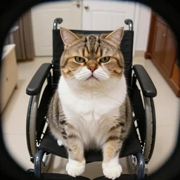 fisheye photo of super fat angry cat sitting in a wheelchair