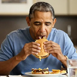 Fat Obama eating a messy burger