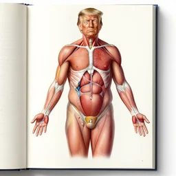 Biologically accurate anatomical description of Donald Trump, medical book, full page, quadrichromic