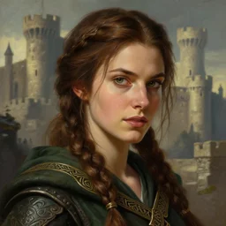 closeup portrait of an mage, cloth, dungeons and dragons character, dramatic lighting, female warrior, brown hair, celtic braid, castle background, gorgeous view, realistic, high detail, digital art, painted by greg rutkowski, painted by jeremy mann, painted by alphonse mucha, trending on artstation