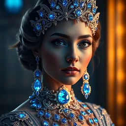 princess of sapphire, glowing, ornate and intricate blue jewelry, jaw dropping beauty, glowing background lighting, blue accent lighting, hyper detailed, majestic, 4 k octane render