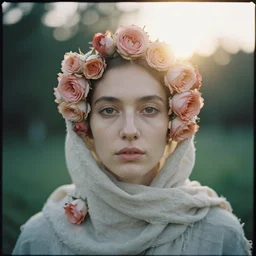 analog head and shoulder frontal face portrait photography of a woman covered in linen and roses by maxim nikolaev. kodak film. ( depth of field ). whirl bokeh!!. golden hour. detailed. hq. realistic. muted colors. lens flare. mamiya 7 ii, f / 1. 2, symmetrical balance, in - frame