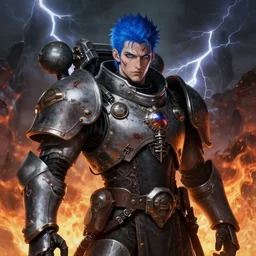 portrait of beautiful gothic and futuristic young man, warhammer, cyber armor, a lot of more and more scars, thunderstorm and fire, blue head, the middle ages, highly detailed, artstation, illustration, more and more composision, 8 k quality, art by jean delville, alfred kubin