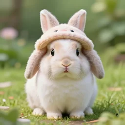 a 50mm photo of little, fluffy bunny in the garden, wearing funny hat, digital art